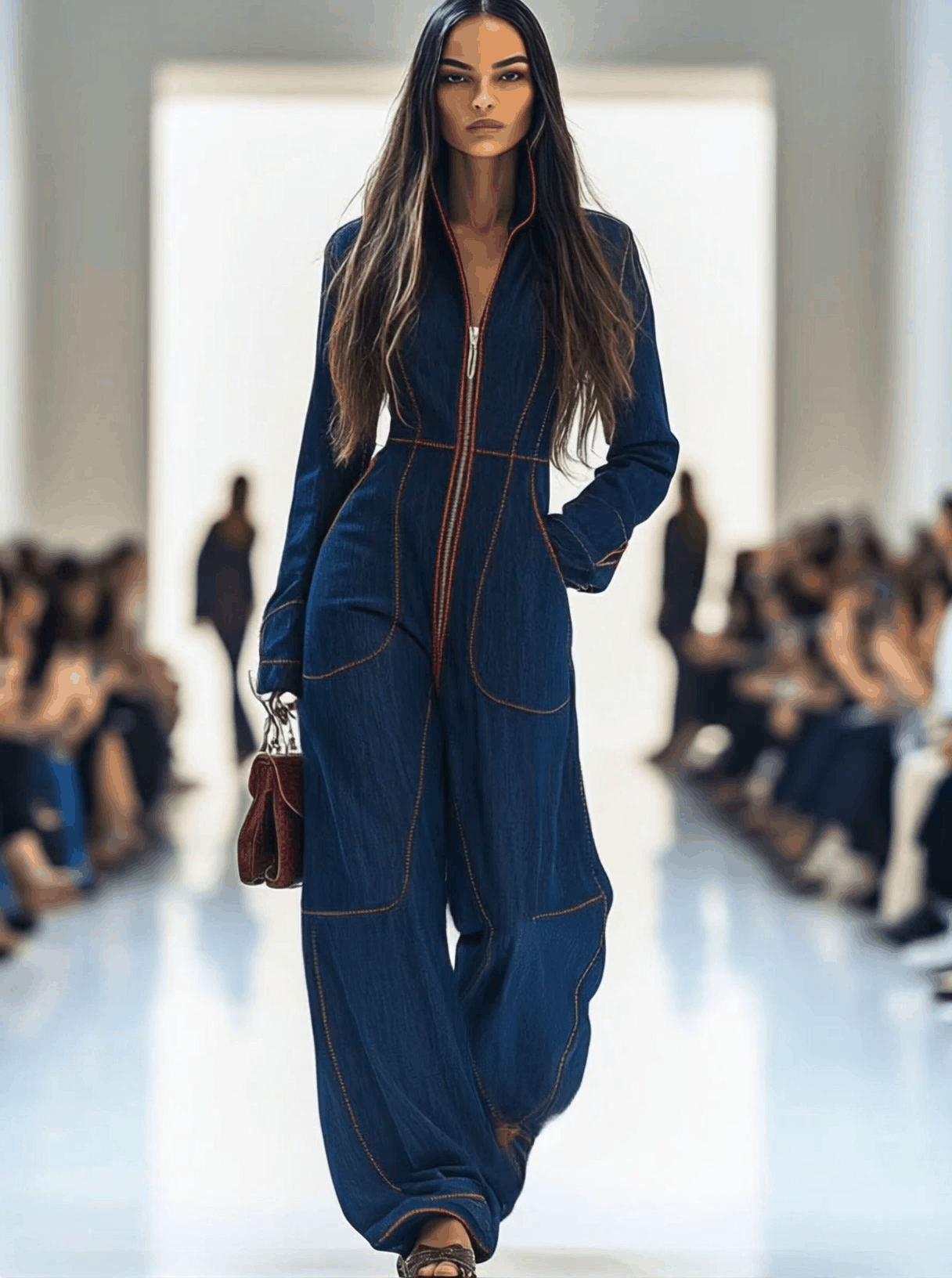 Casual løs retro rød toppsydde denim vid bukse med lange ermer jumpsuit