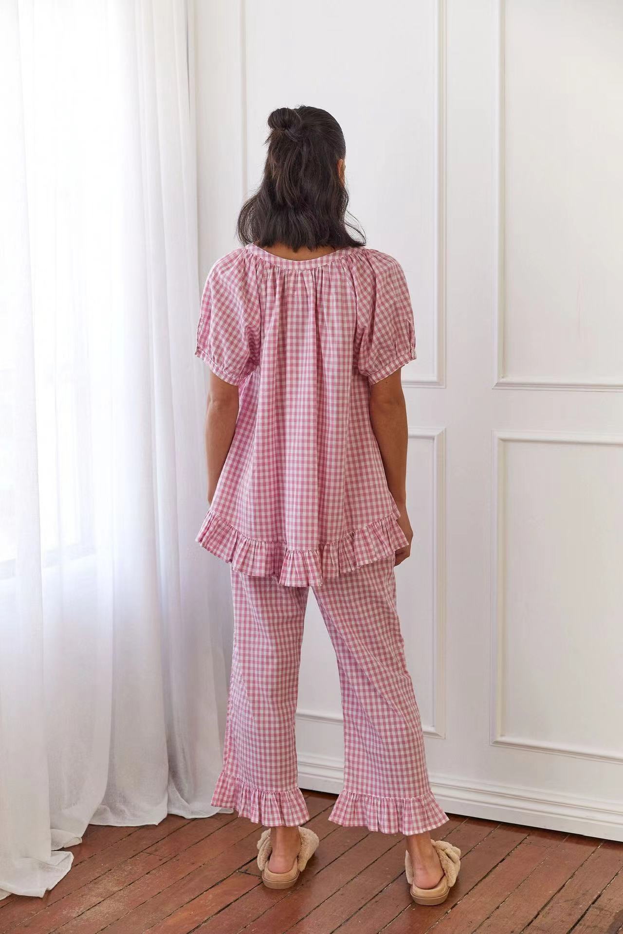 Casual Ruffled Plaid Print Shirt Pajama Set