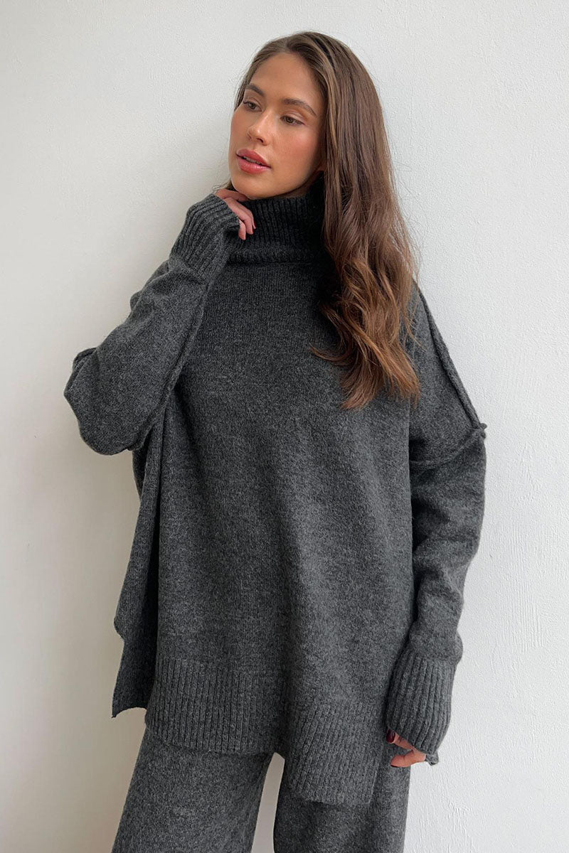 Turtleneck Split Sweater Løs Strik Bukser Sæt