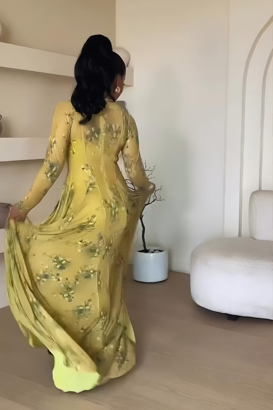 Lime-Green Floral Sheer Overlay Maxi Dress