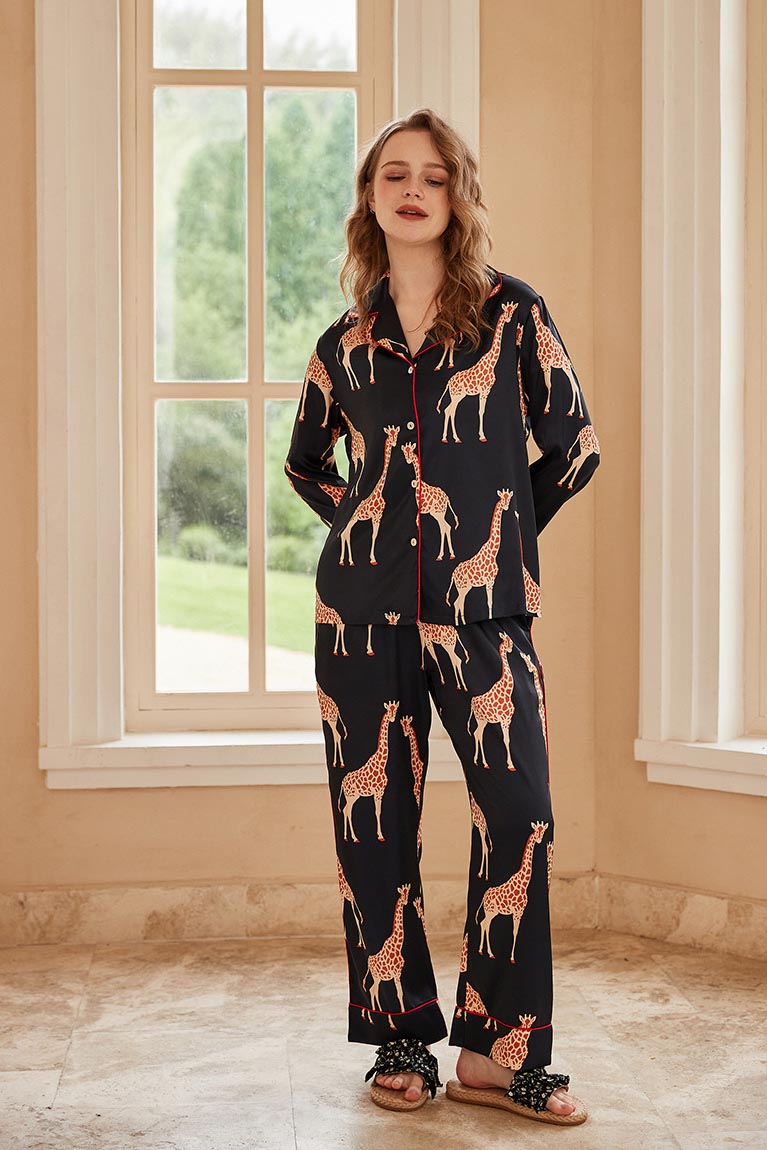 Sort Giraffemønster Langærmet Pyjamas Sæt