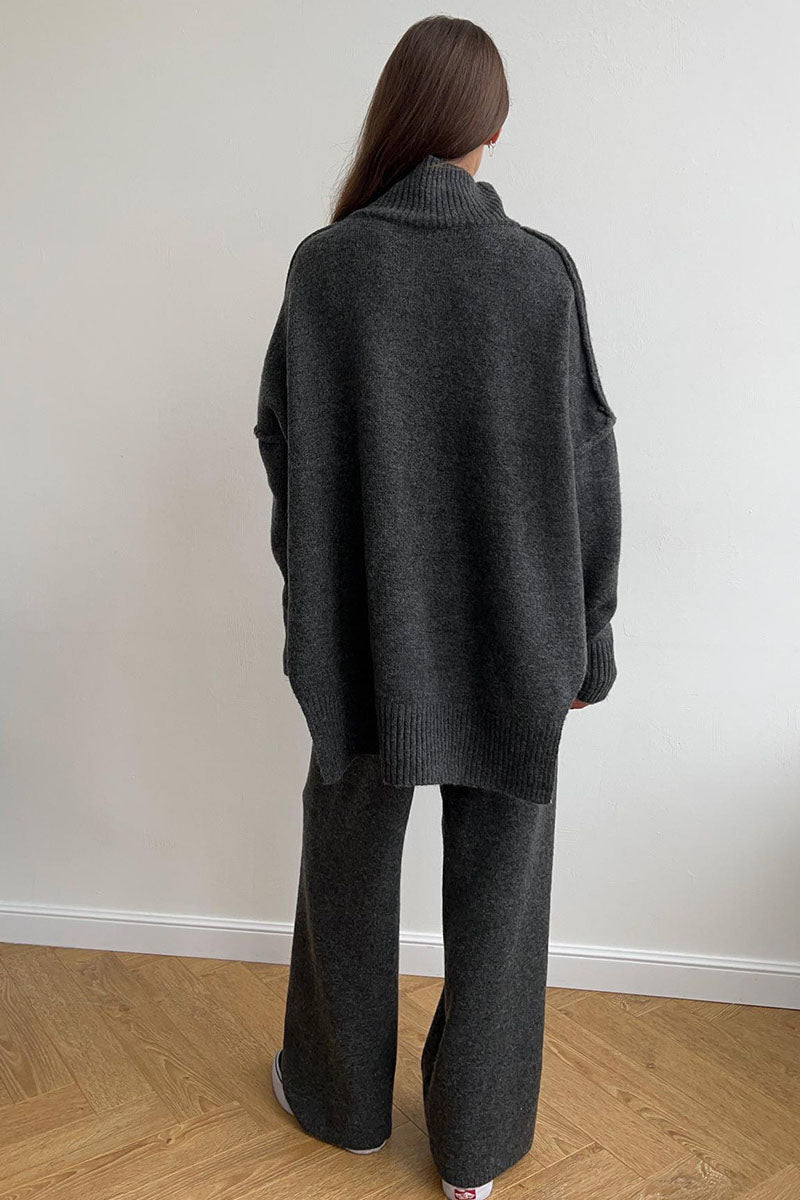 Turtleneck Split Sweater Løs Strik Bukser Sæt