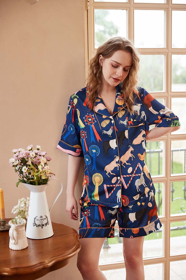 Kurzarm-Loungewear-Set mit Elefanten- und Möbelmuster