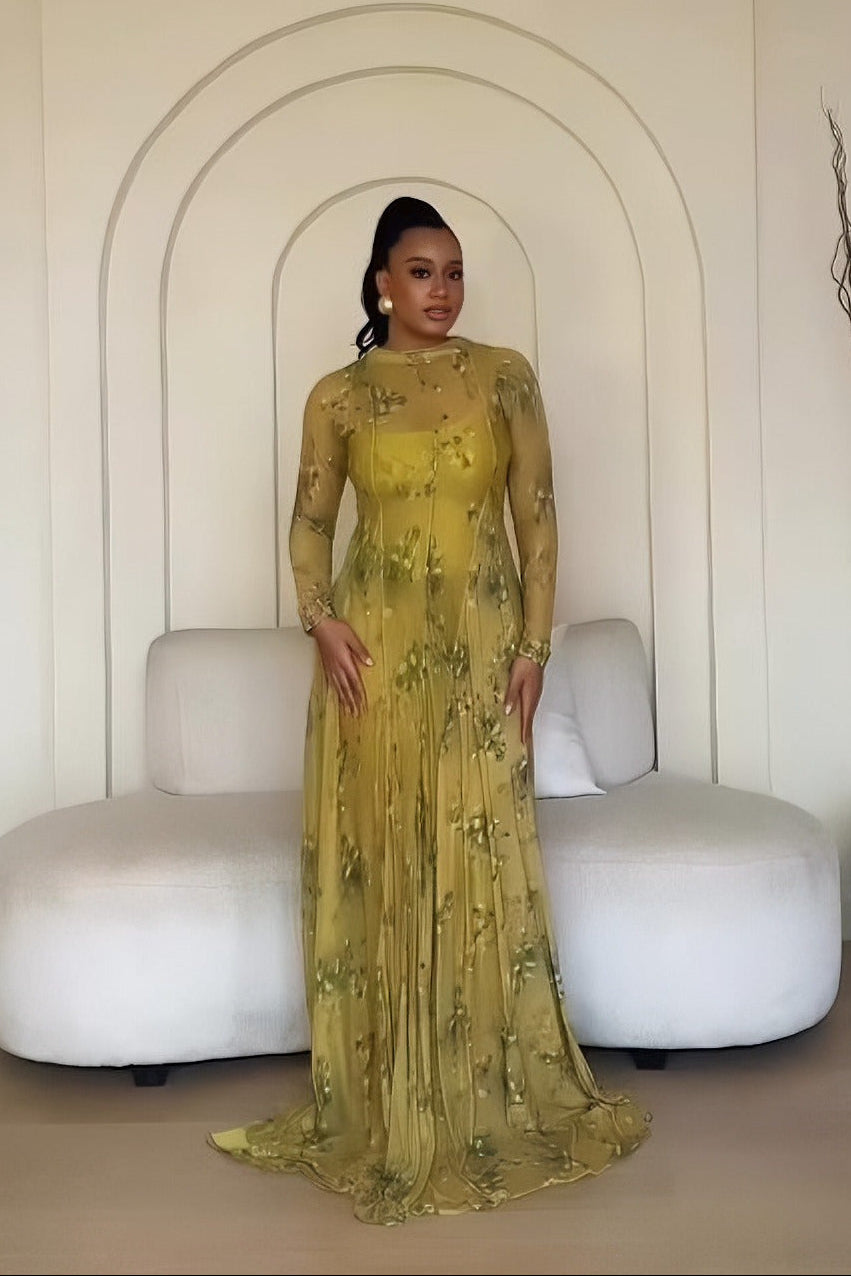 Lime-Green Floral Sheer Overlay Maxi Dress