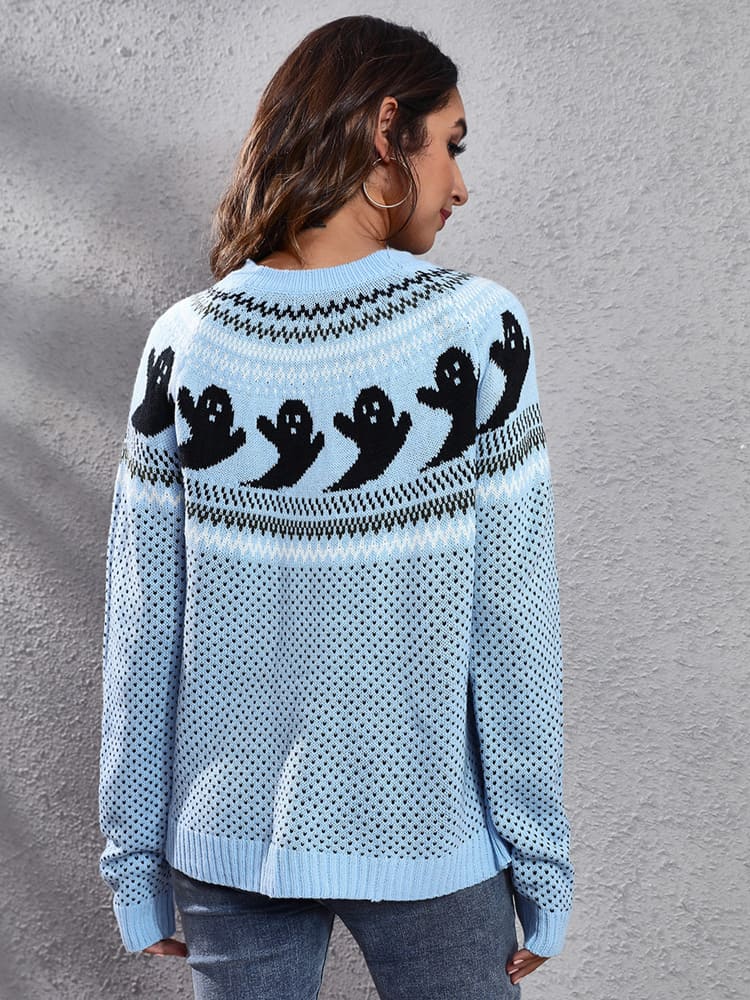 Literary Retro Ghost Pattern  Round Neck Knitted Sweater