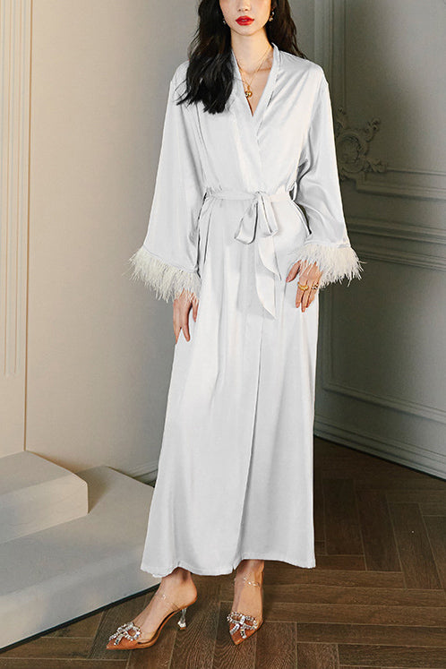 Vestaglia kimono in raso di piume Bianco S - Main Image