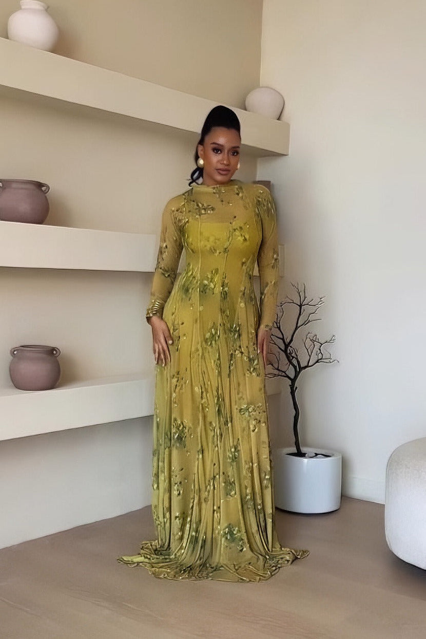 Lime-Green Floral Sheer Overlay Maxi Dress