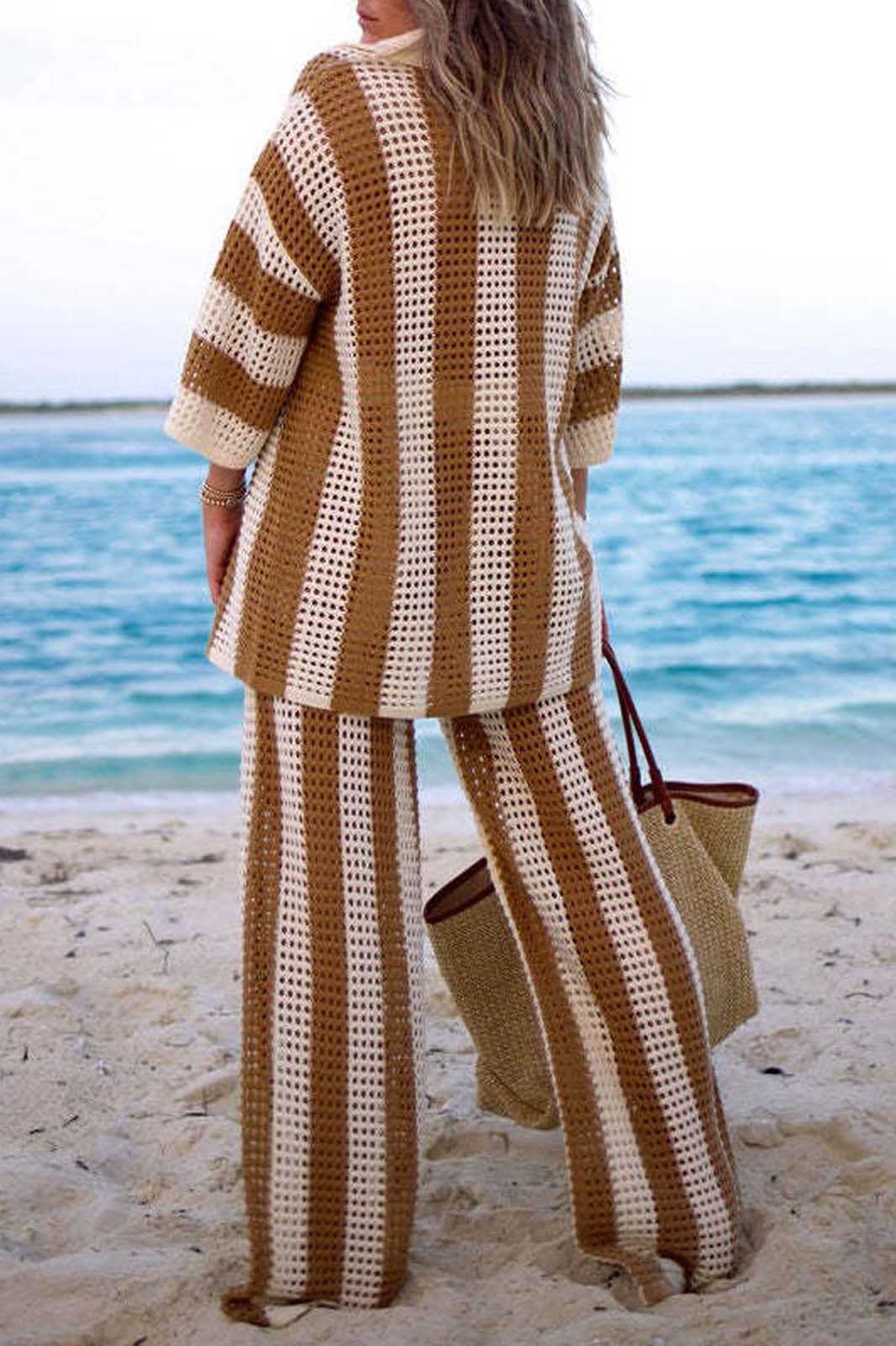 Hollow Striped Shirt Knit Set