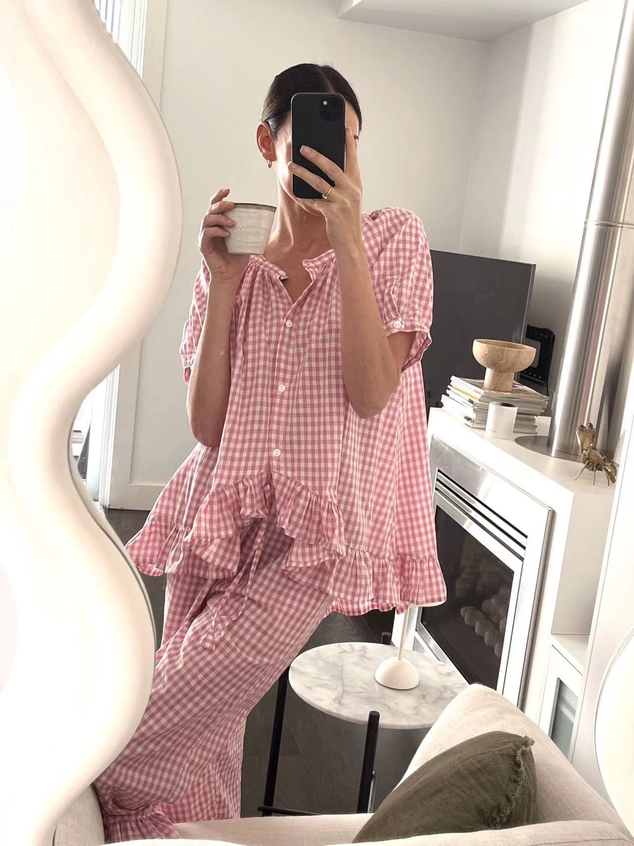 Casual Ruffled Plaid Print Shirt Pajama Set