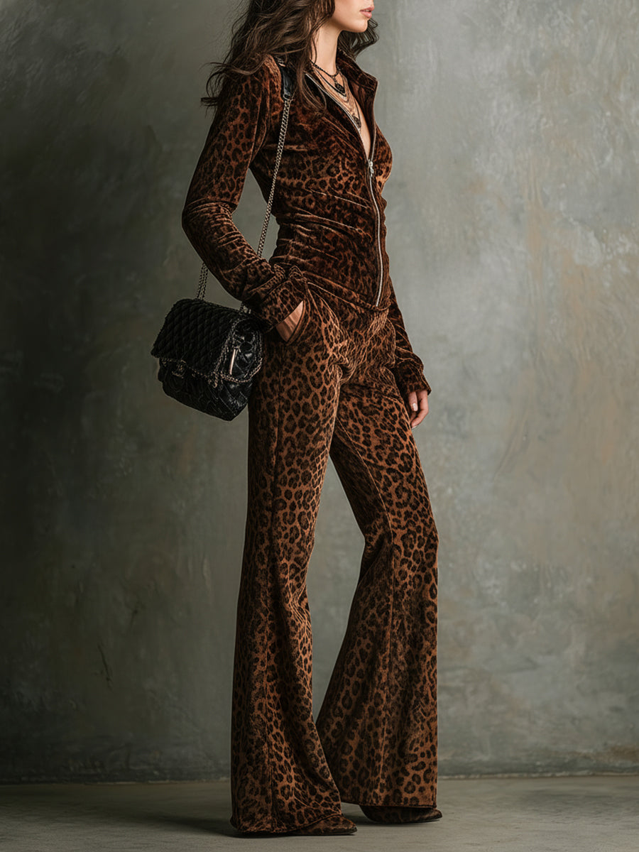 Sada vintage sametového topu s leopardím potiskem a stojáčkovým límcem a rozšířených kalhot