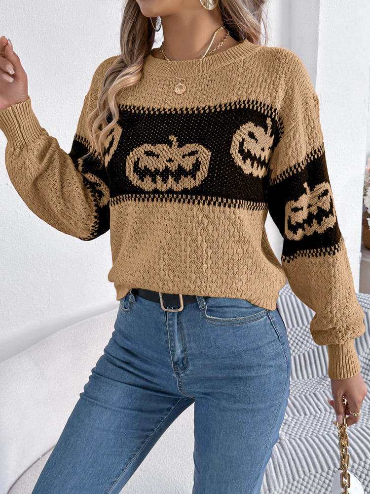 Halloween Pumpa Head Color-Block Crew Neck Stickad tröja