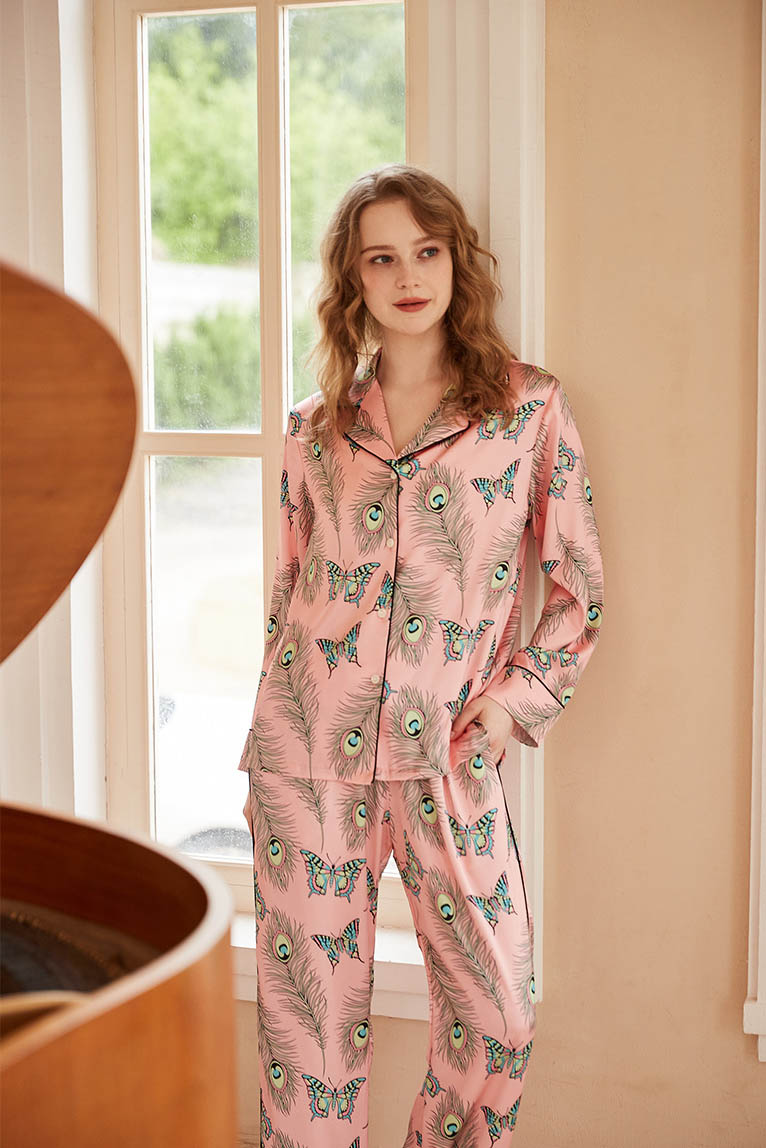 Phoenix Feather and Butterfly Print Long-Sleeve Pajama Set