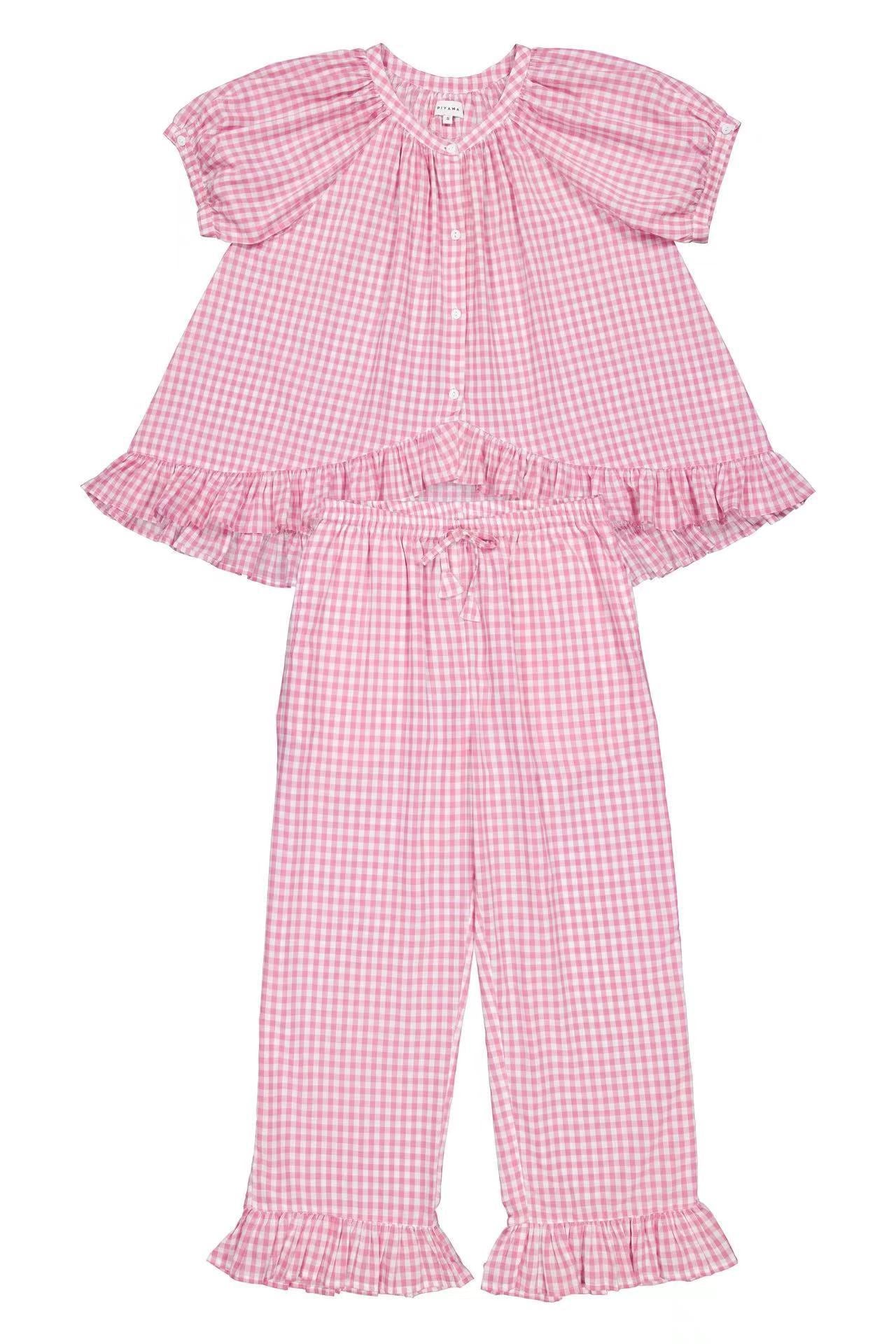 Casual Ruffled Plaid Print Shirt Pajama Set