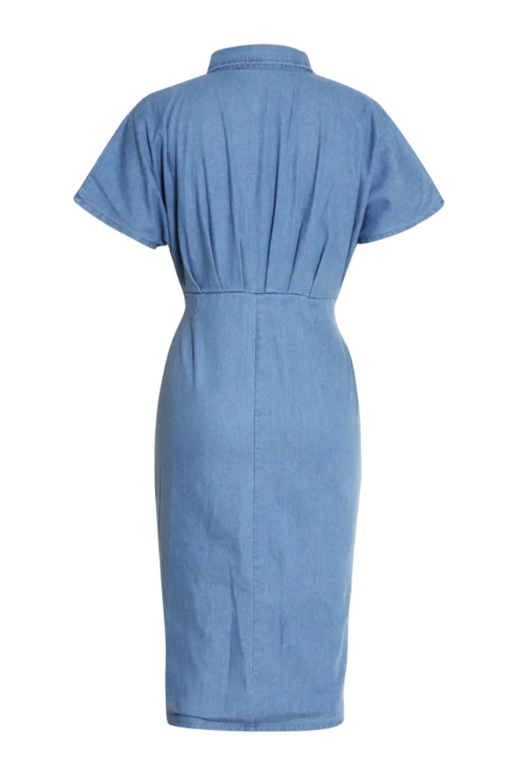 Gina Gathered Knotted Denim Midi-skjortekjole