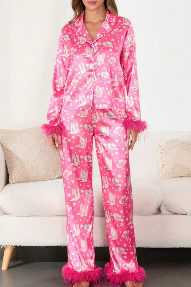 Boot & Feather Print Satin Pyjamas Set