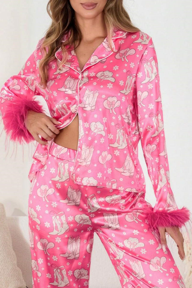 Boot & Feather Print Satin Pyjamas Set