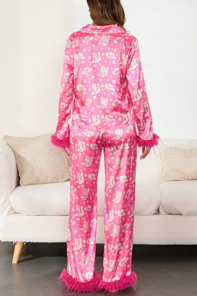 Ensemble de Pyjama Satin Imprimé Bottes et Plumes