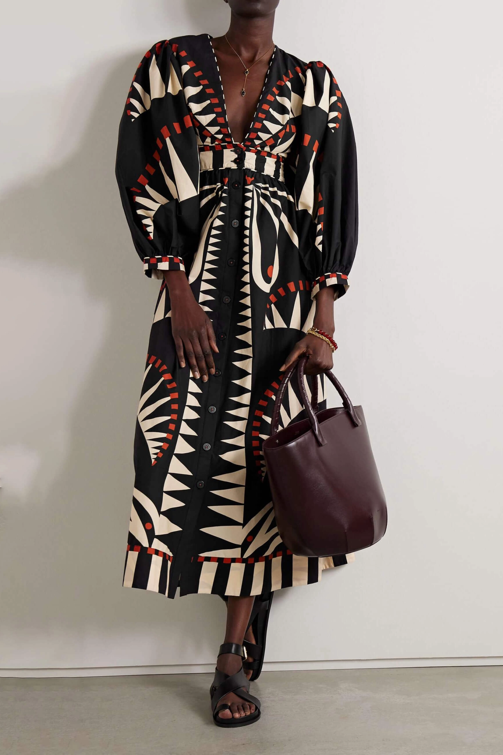 Coconut Jungle Print Puff Sleeve Midi Dress