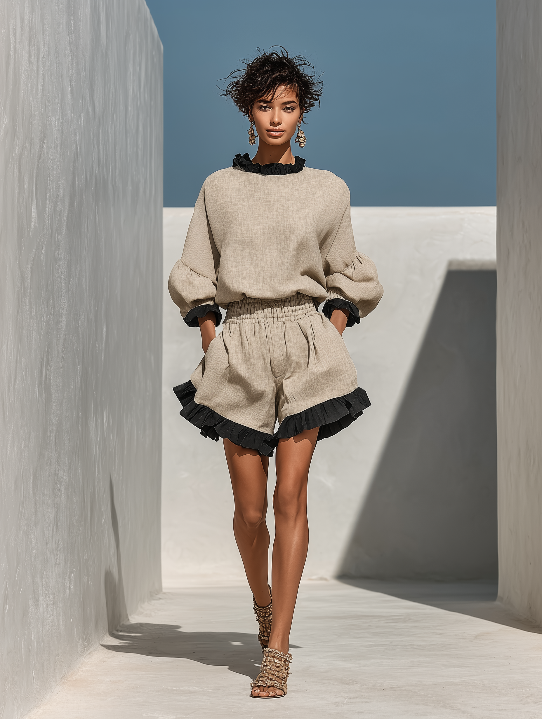 Set aus Blus a Shorts mat Rüschen an Leinen-Mëschung a Beige