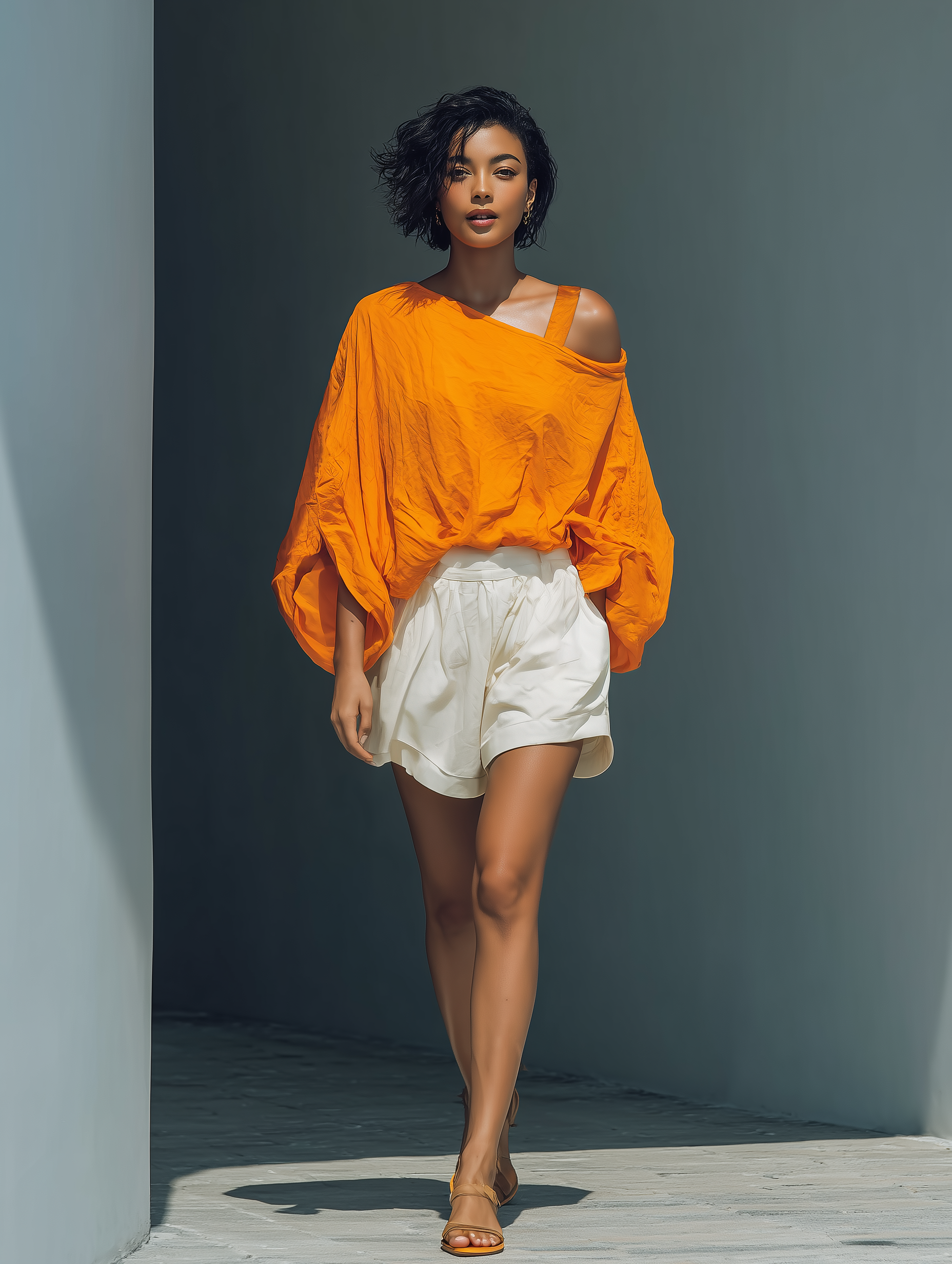 Orangen Top mat kalen ausgeschniddene Schëlleren aus Leinemmëschung & wäiss Rüschen-Shorts Set
