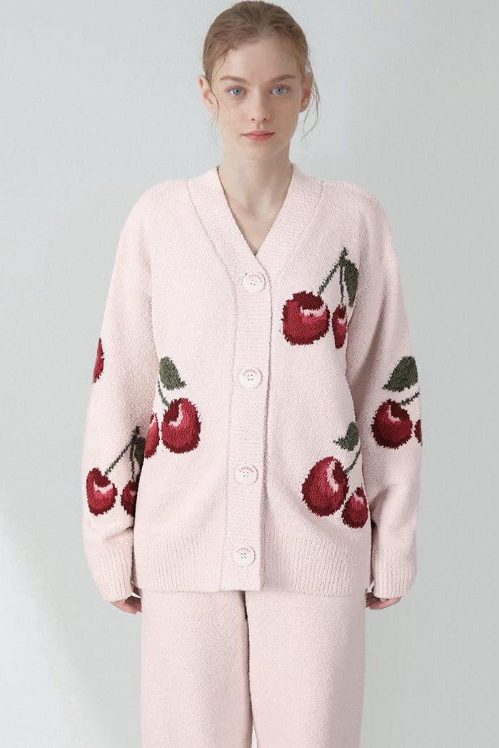 Zachte Halve Fluwelen Kersen Cardigan Pyjama Set