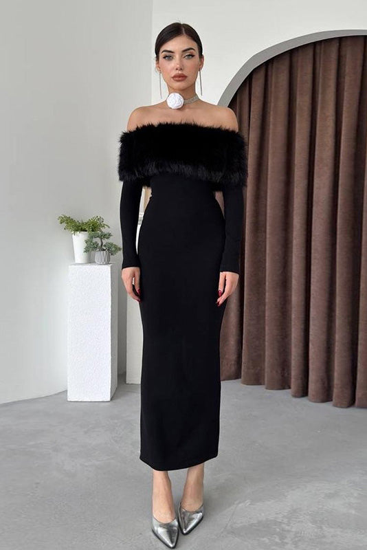 Fur Collar Off-shoulder Midi Dress