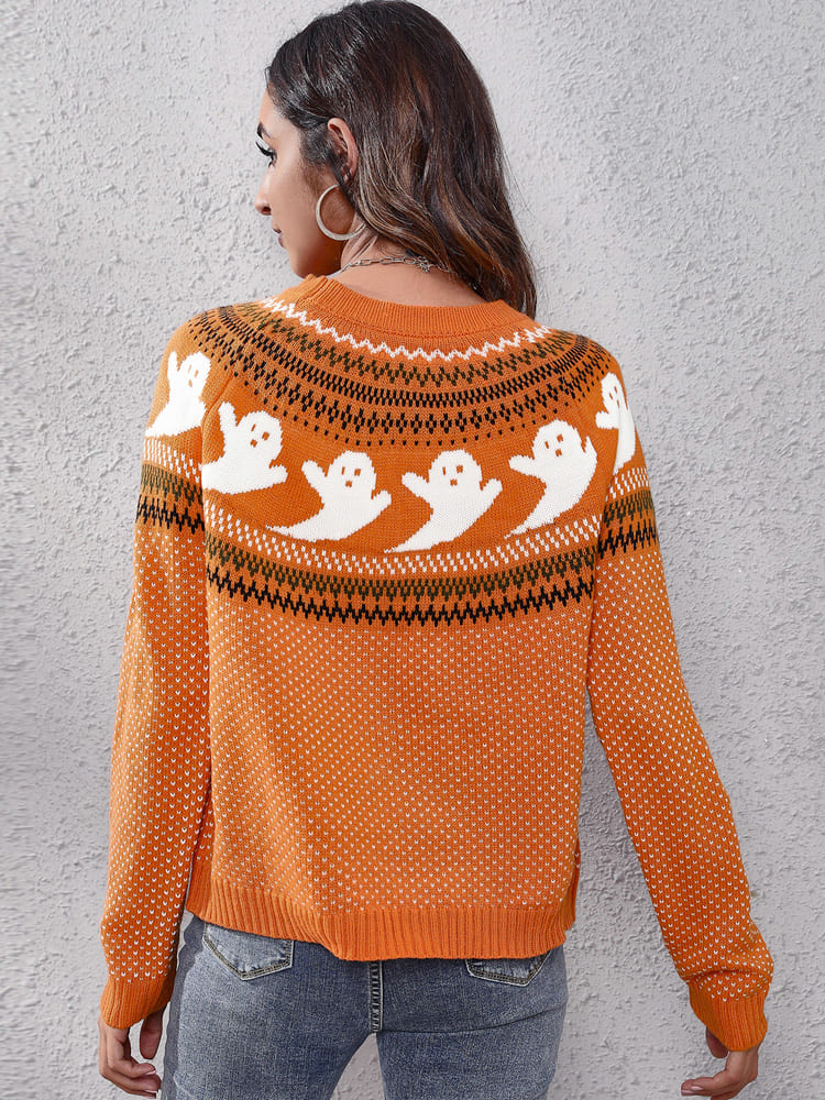 Literary Retro Ghost Pattern  Round Neck Knitted Sweater