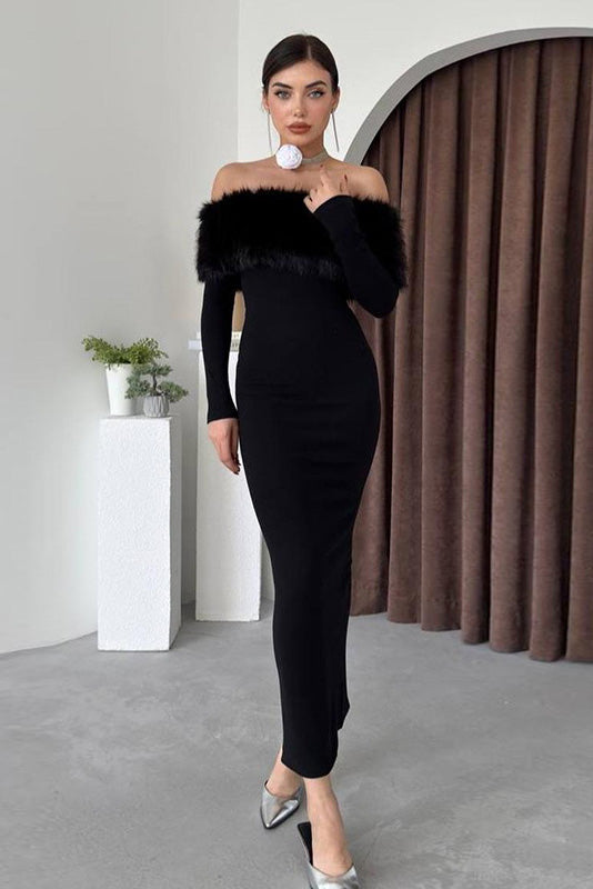 Fur Collar Off-shoulder Midi Dress