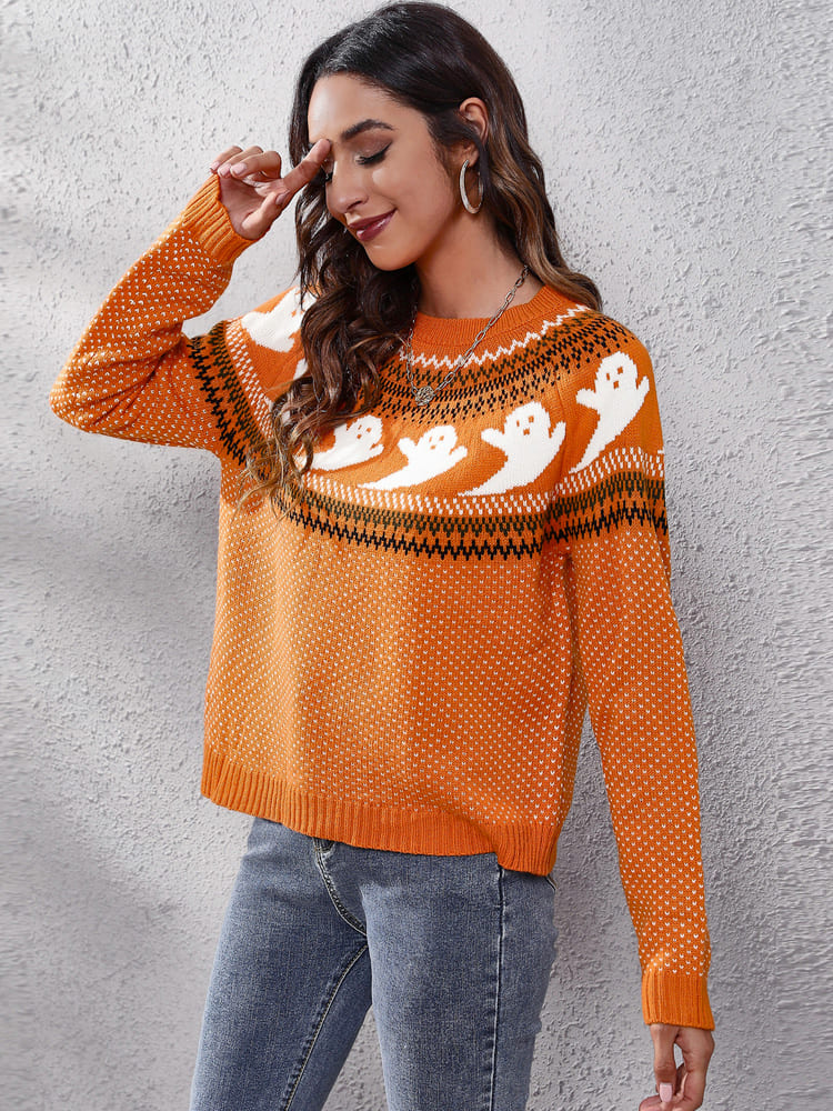 Literary Retro Ghost Pattern  Round Neck Knitted Sweater