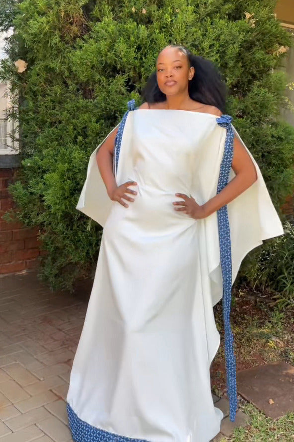 White-Blue Cape Maxi Dress