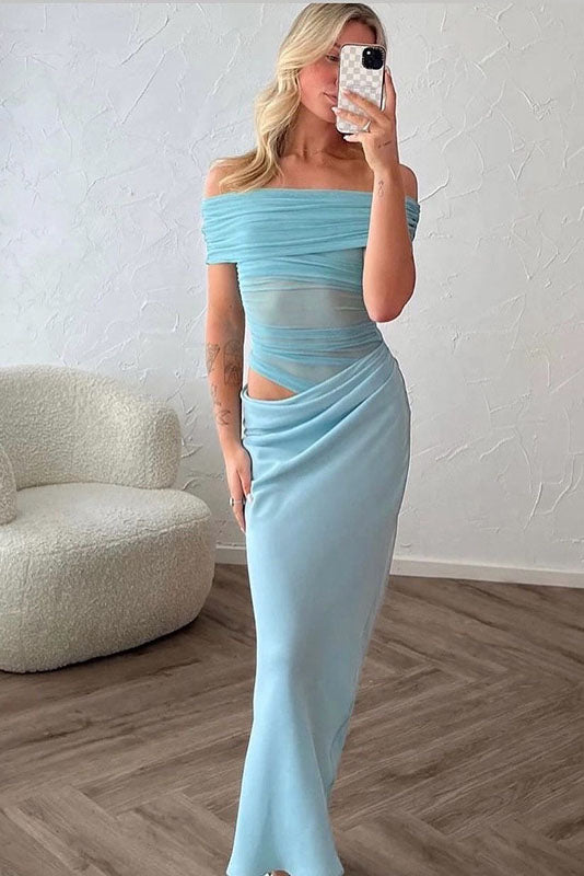 Sheer Mesh Off-Shoulder Maxi Dress
