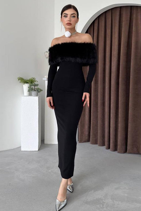 Fur Collar Off-shoulder Midi Dress