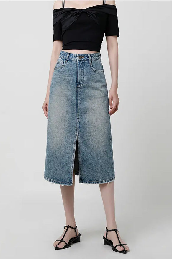 Héich Taille Slit Denim Rock