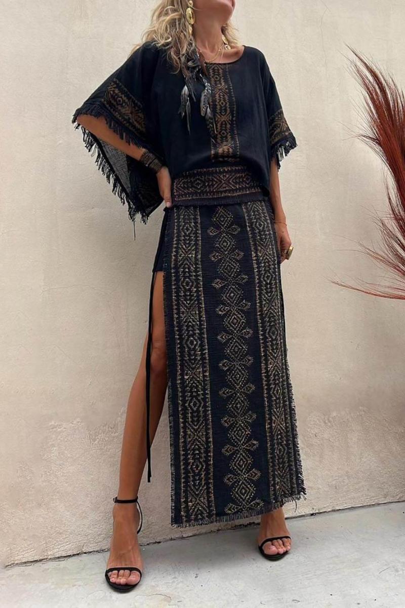 Ethnic print Patchwork Πλαϊνό Lace-Up Maxi Φούστα-Σετ