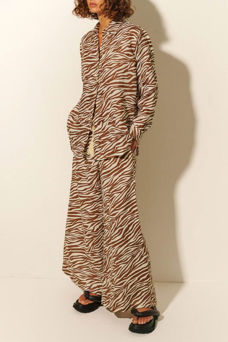 Button Open Collar Loose Zebra Print Drawstring Wide Leg Pants-Set