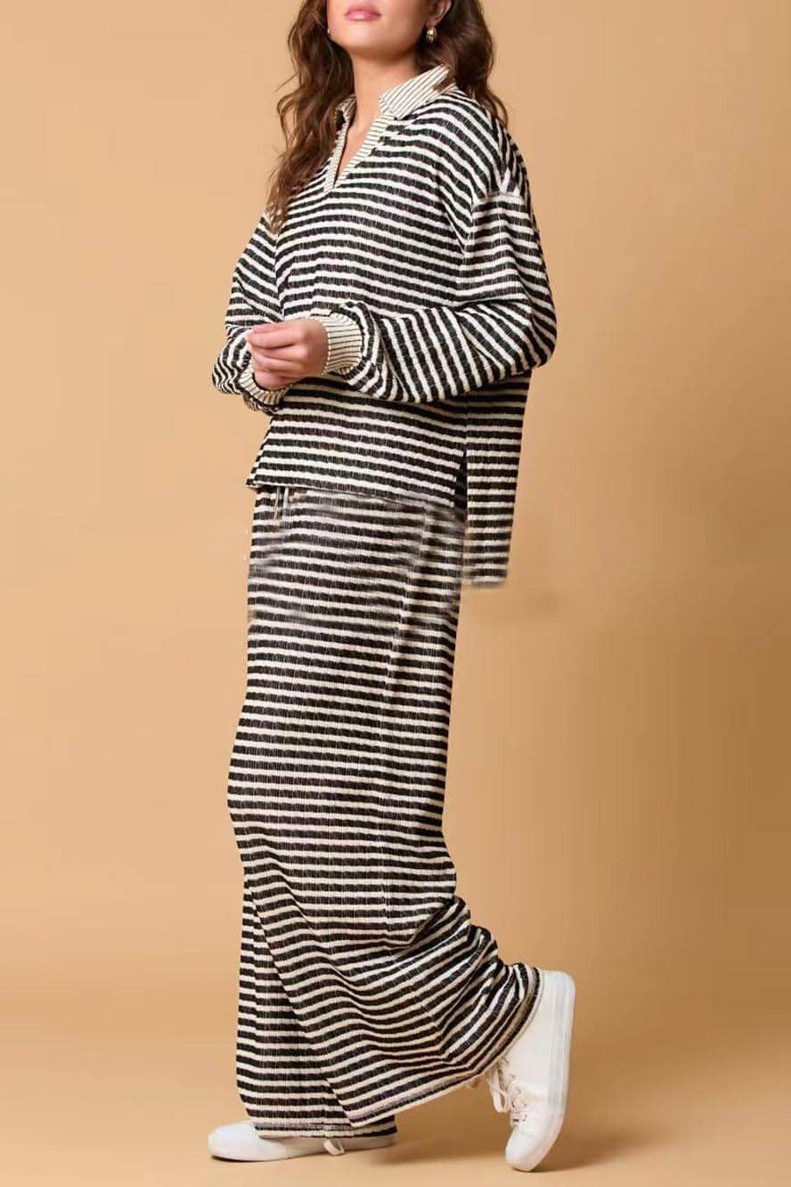 Casual Two-Color Striped Long-Sleeved Trousers Two-Piece Set