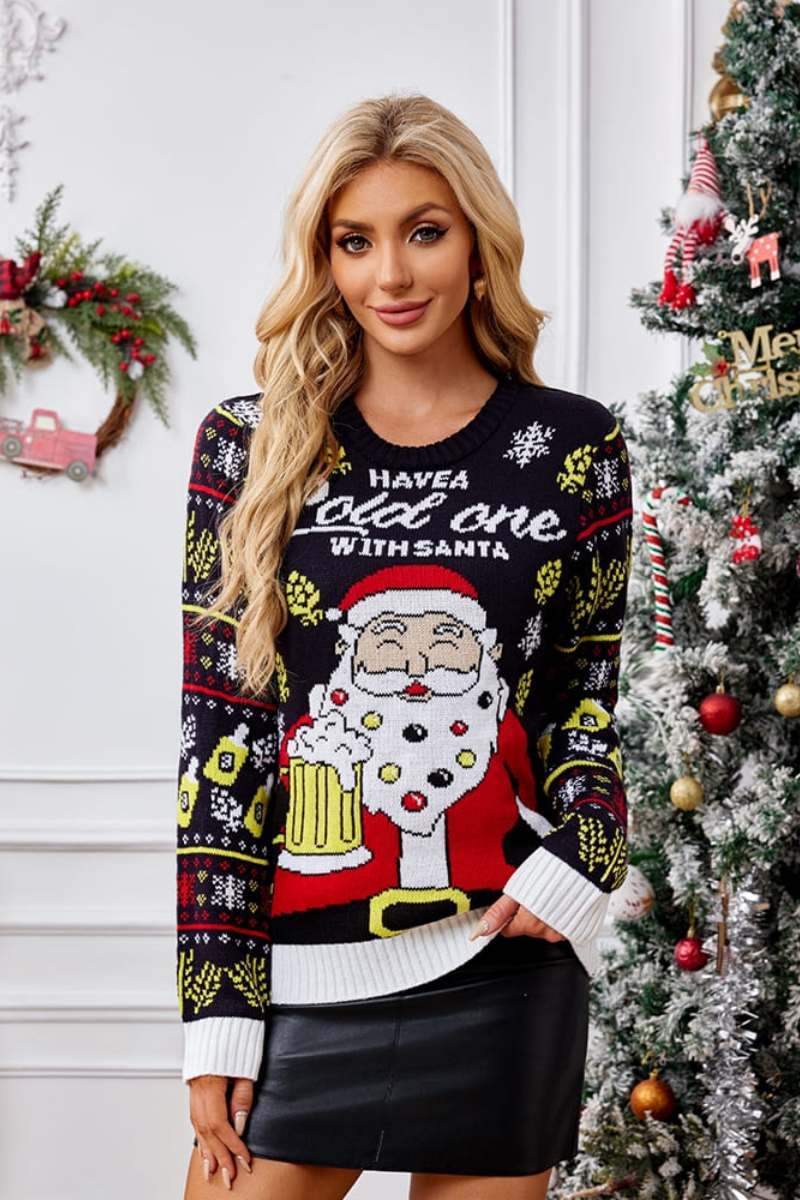 Casual Crewneck Knit Sweater - Santa Claus Genéisst e Béier