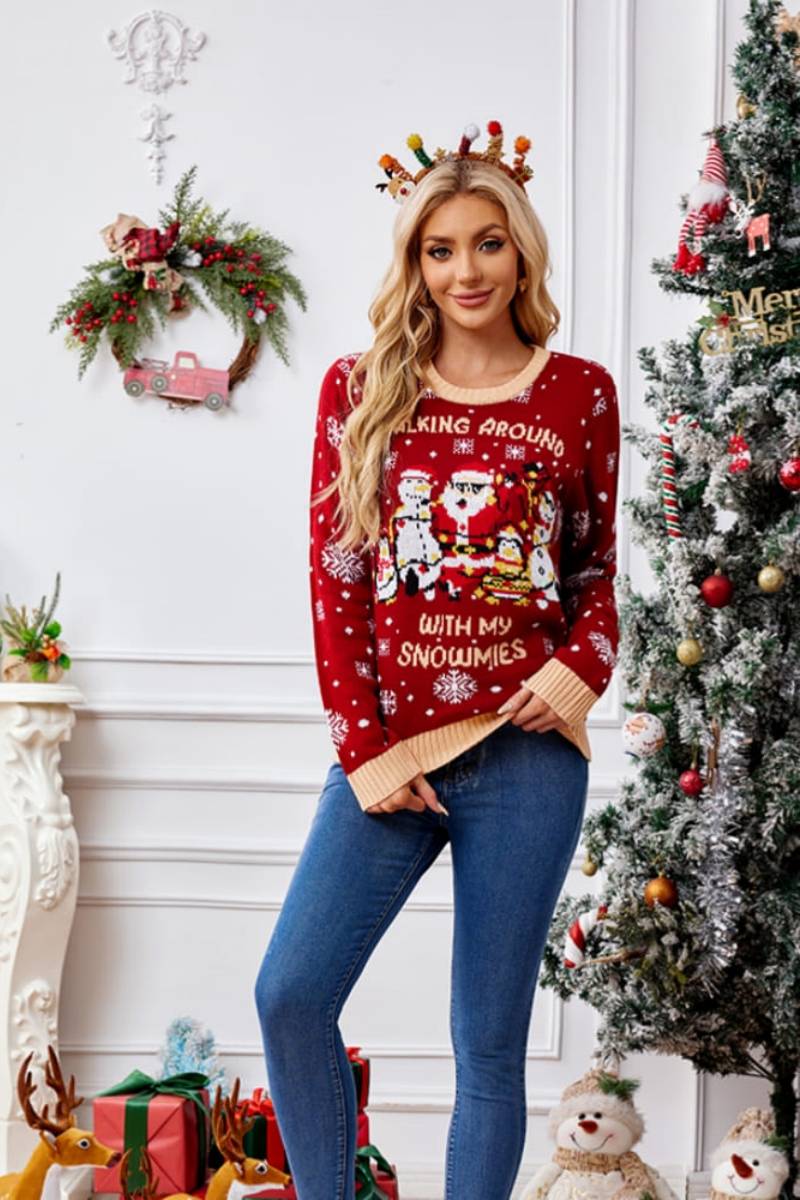 Pull brodé décontracté à col rond – Père Noël et pingouin