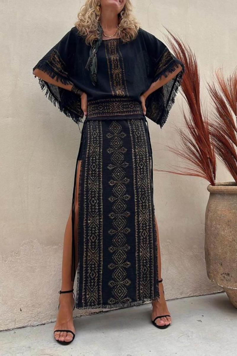 Etniskt tryck Patchwork Sida Lace-Up Maxi Kjol-Set