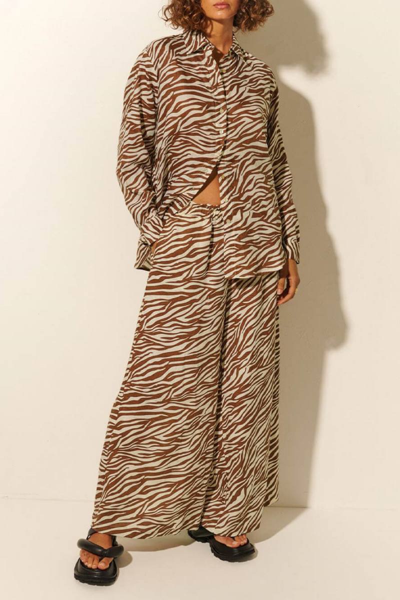 Button Open Collar Loose Zebra Print Drawstring Wide Leg Pants-Set