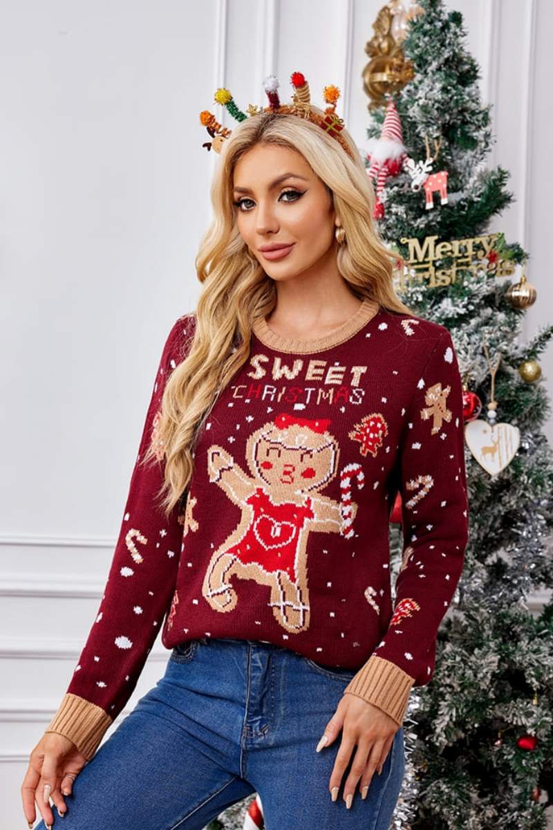 Casual Crewneck broderad tröja – Gingerbread Man