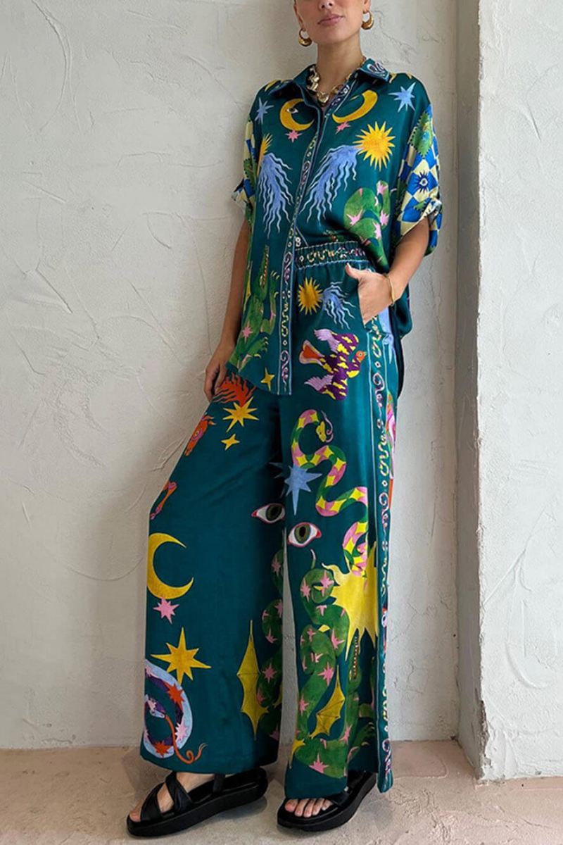 Unique Print Elastic Waist Pocketed Wide Leg Pants Set