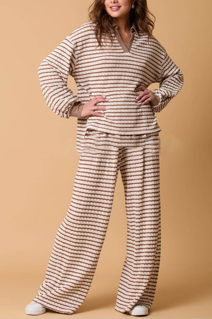 Casual Two-Color Striped Long-Sleeved Trousers Two-Piece Set