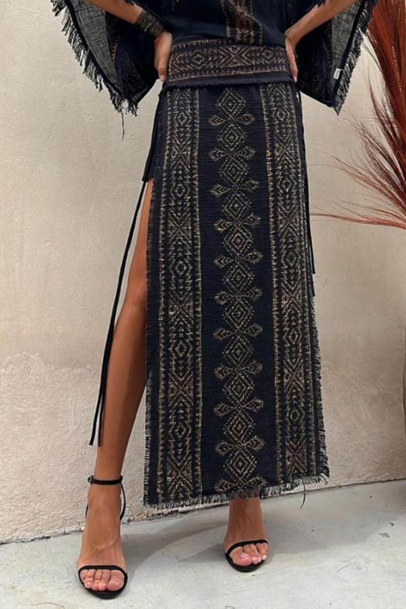 Ethnic print Patchwork Πλαϊνό Lace-Up Maxi Φούστα-Σετ