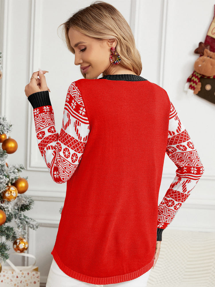 Christmas Long Sleeve Cat Appliqué genser med rund hals