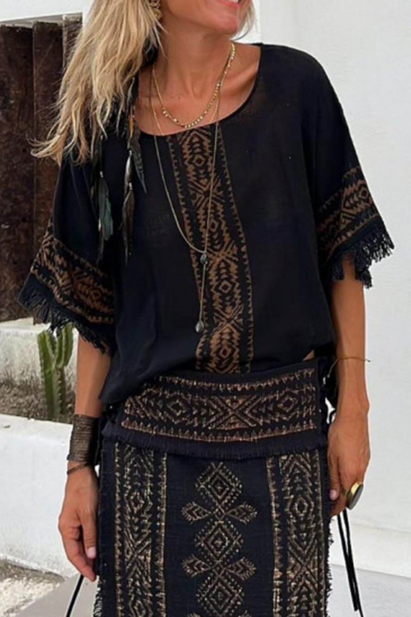 Ethnic print Patchwork Πλαϊνό Lace-Up Maxi Φούστα-Σετ