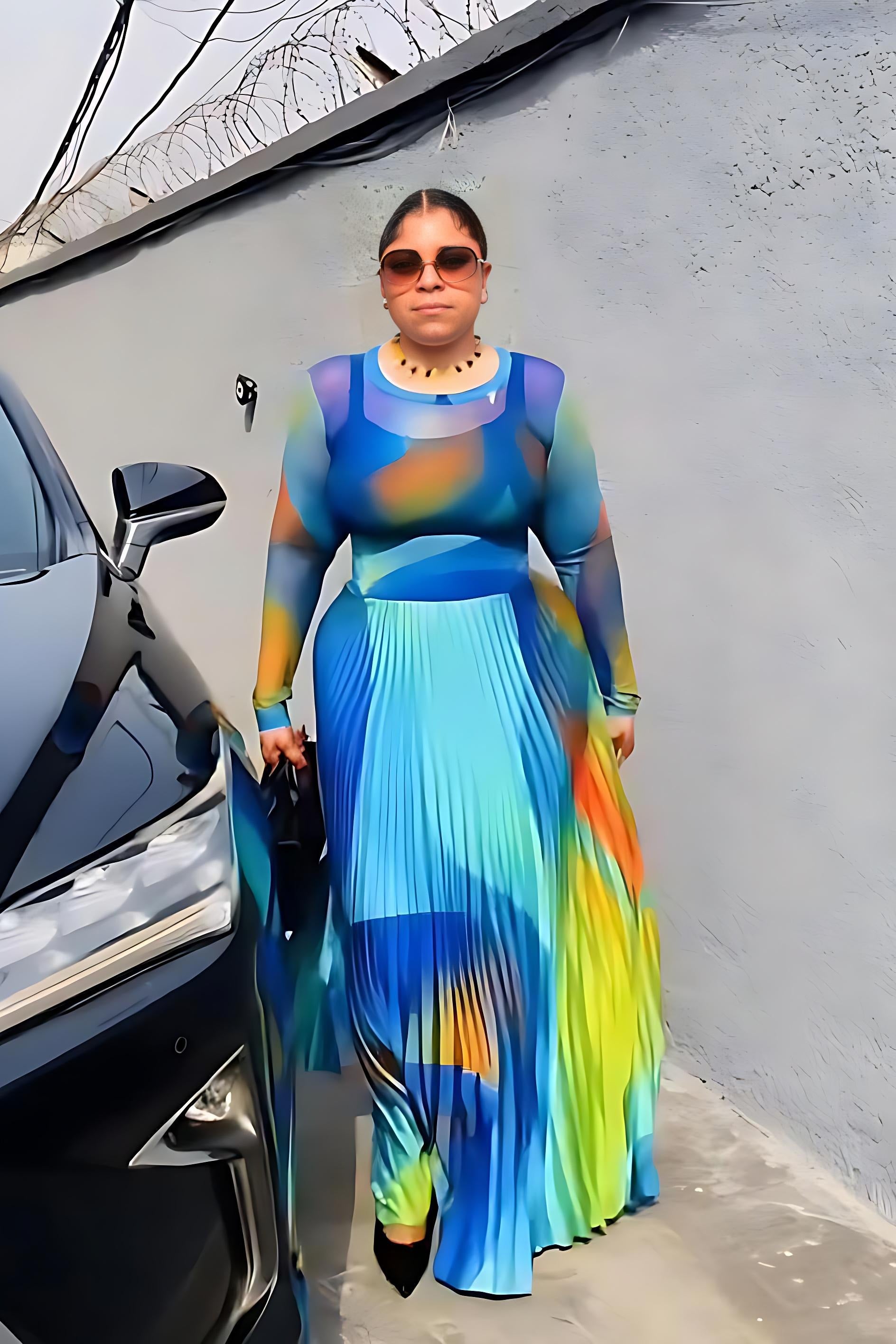 طقم تنورة ماكسي شفافة مطوية بتدرج لوني مجرد