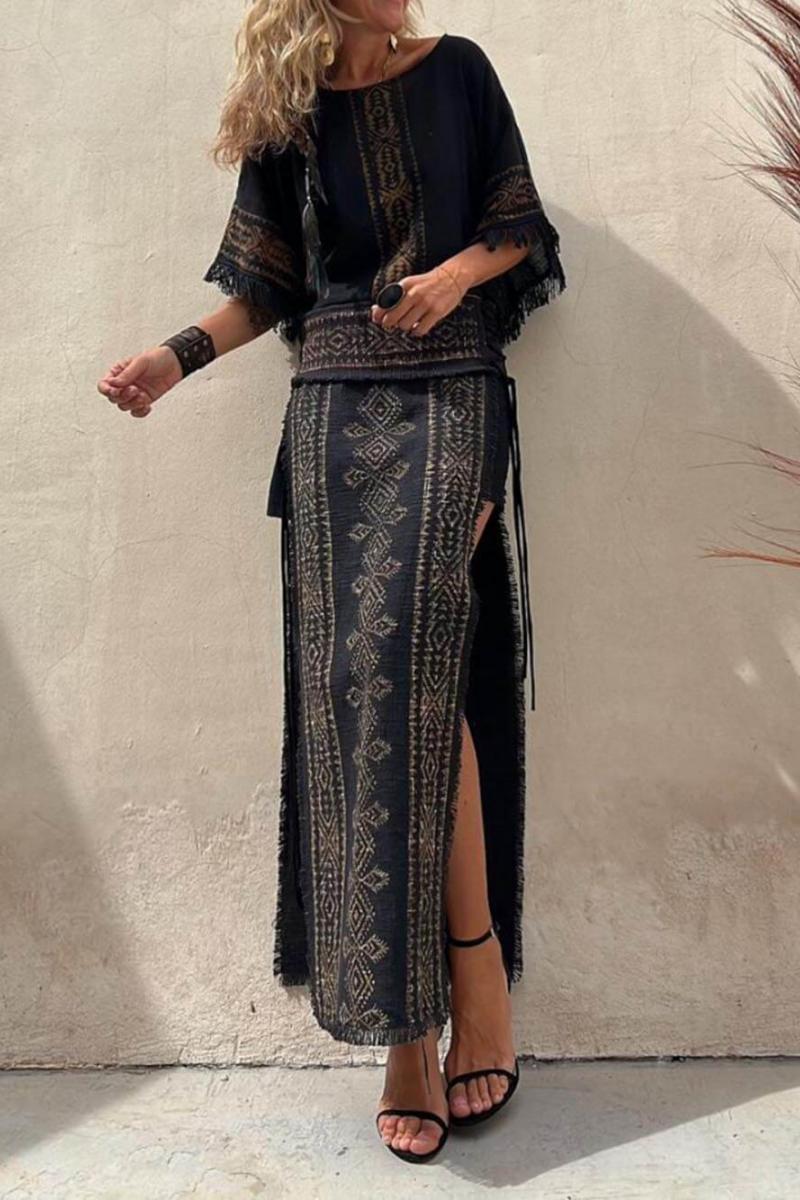 Ethnic print Patchwork Πλαϊνό Lace-Up Maxi Φούστα-Σετ