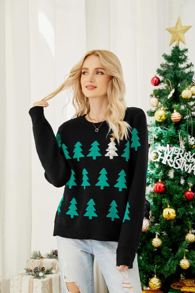 Maglione lavorato a maglia con albero di Natale con paillettes scintillanti