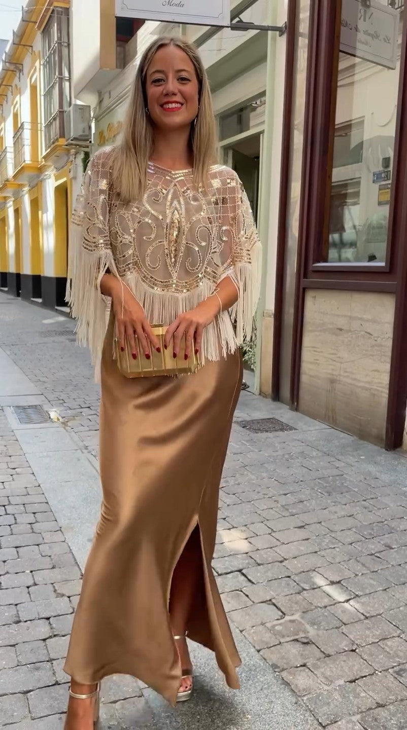 Party Ready Sequin Fringe Cape Satin Dress
